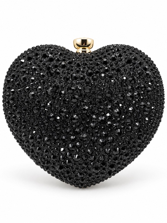 Handbags - Black Crystal Heart Clutch Purse Gold Handle Formal Evening Bag Womens NEW